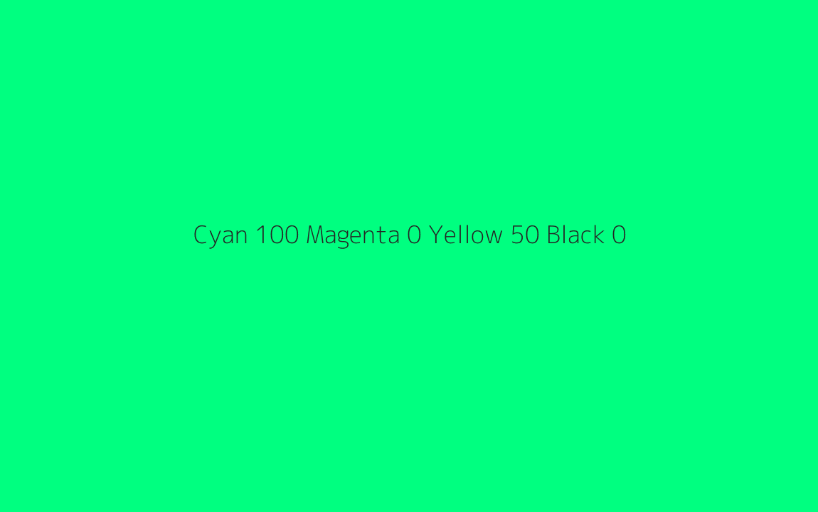 CMYK Color: Cyan 100 Magenta 0 Yellow 50 Black 0 CMYK name: Guppie green CMYK Color: Cyan 100 Magenta 0 Yellow 50 Black 0 CMYK name: Guppie green