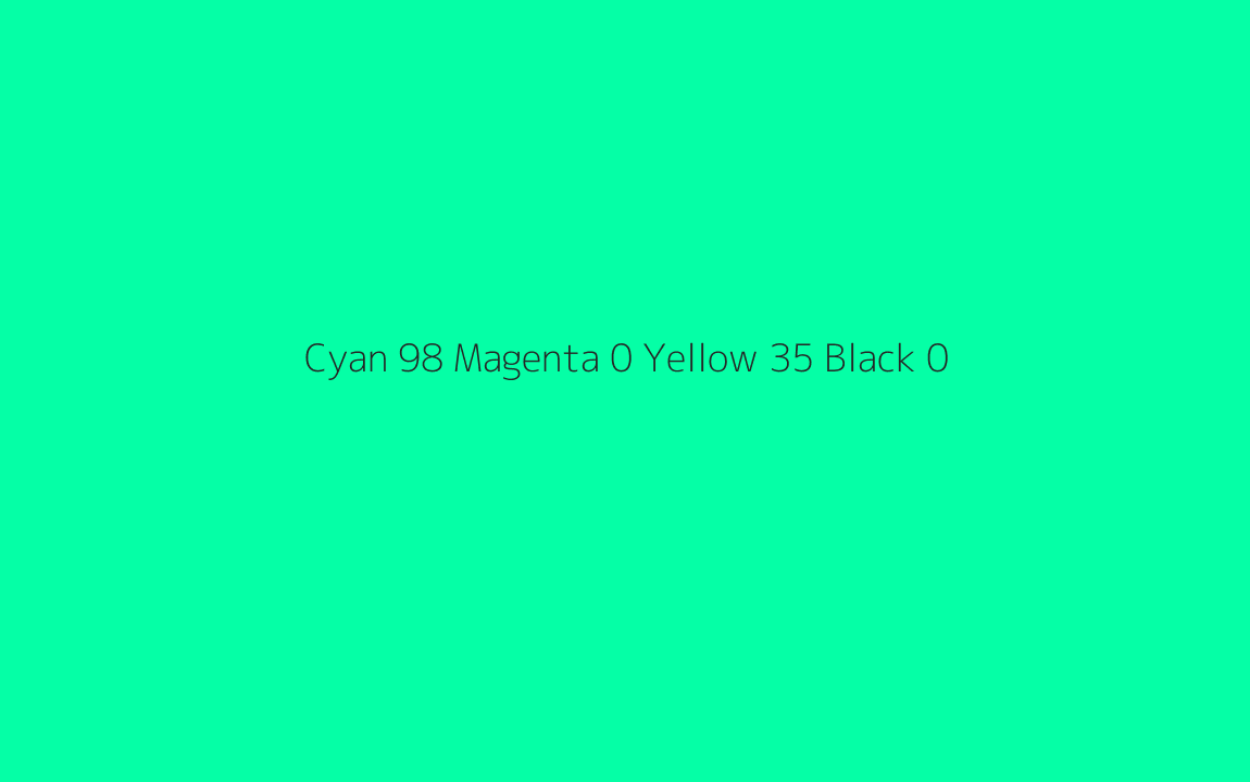 CMYK Color: Cyan 98 Magenta 0 Yellow 35 Black 0 CMYK name: Bright sea green CMYK Color: Cyan 98 Magenta 0 Yellow 35 Black 0 CMYK name: Bright sea green