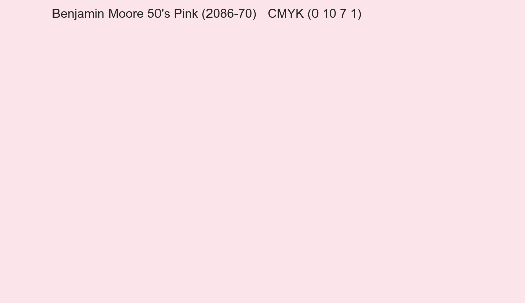 Color Benjamin Moore 50's Pink (2086-70) to CMYK (0 10 7 1) converter Color Benjamin Moore 50's Pink (2086-70) to CMYK (0 10 7 1) converter