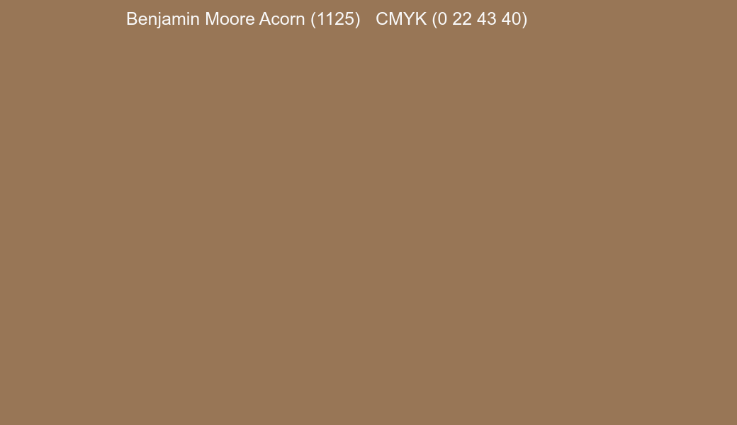 Color Benjamin Moore Acorn (1125) to CMYK (0 22 43 40) converter Color Benjamin Moore Acorn (1125) to CMYK (0 22 43 40) converter