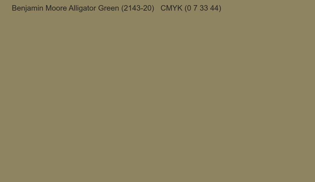 Color Benjamin Moore Alligator Green (2143-20) to CMYK (0 7 33 44) converter Color Benjamin Moore Alligator Green (2143-20) to CMYK (0 7 33 44) converter