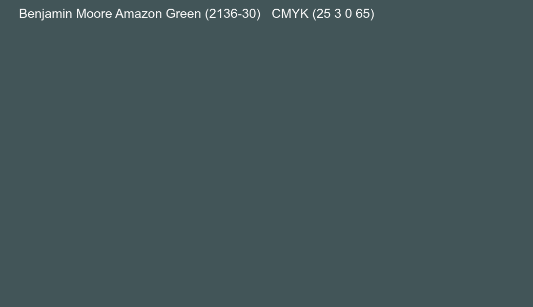 Color Benjamin Moore Amazon Green (2136-30) to CMYK (25 3 0 65) converter Color Benjamin Moore Amazon Green (2136-30) to CMYK (25 3 0 65) converter