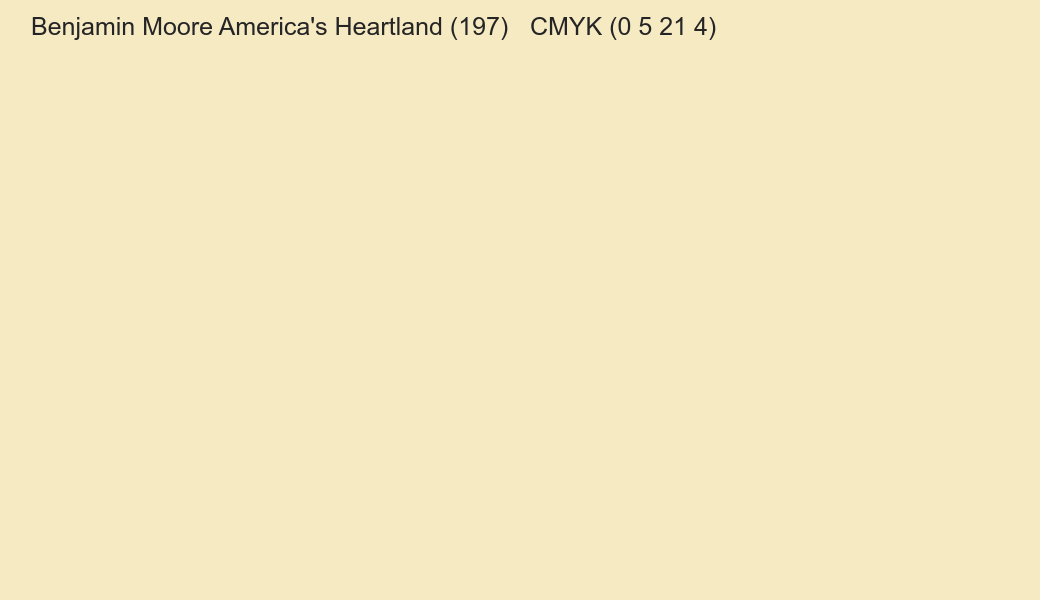 Color Benjamin Moore America's Heartland (197) to CMYK (0 5 21 4) converter Color Benjamin Moore America's Heartland (197) to CMYK (0 5 21 4) converter