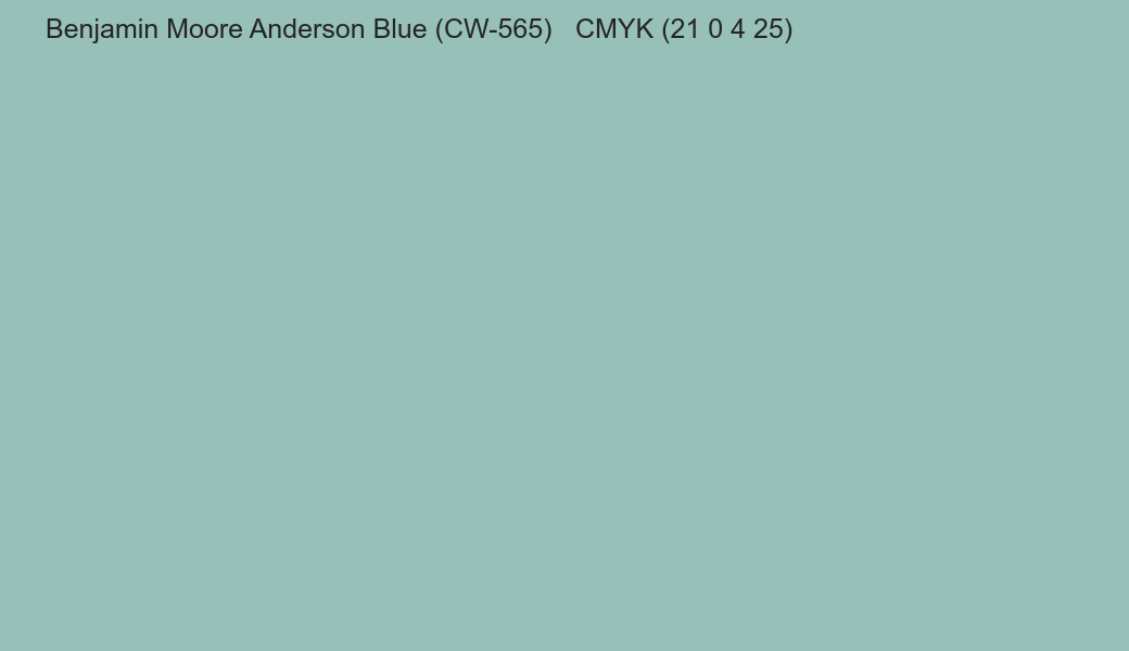 Color Benjamin Moore Anderson Blue (CW-565) to CMYK (21 0 4 25) converter Color Benjamin Moore Anderson Blue (CW-565) to CMYK (21 0 4 25) converter
