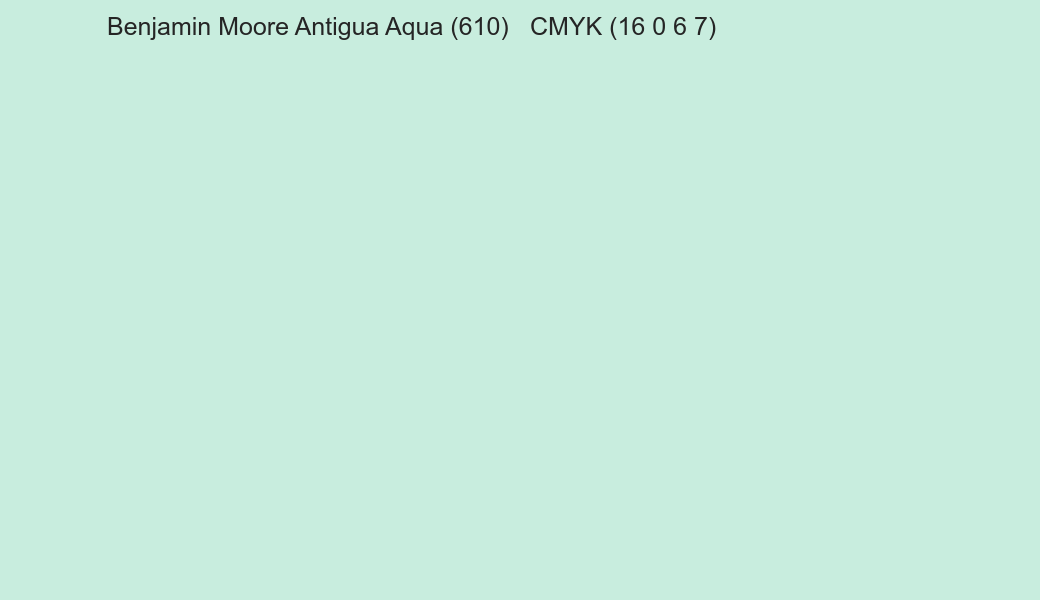 Color Benjamin Moore Antigua Aqua (610) to CMYK (16 0 6 7) converter Color Benjamin Moore Antigua Aqua (610) to CMYK (16 0 6 7) converter