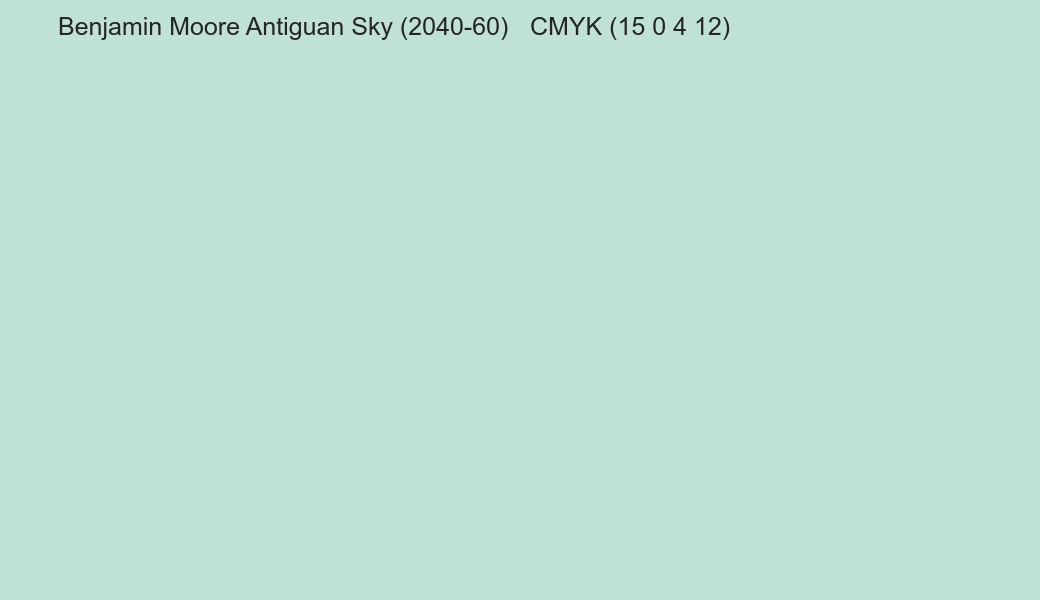 Color Benjamin Moore Antiguan Sky (2040-60) to CMYK (15 0 4 12) converter Color Benjamin Moore Antiguan Sky (2040-60) to CMYK (15 0 4 12) converter