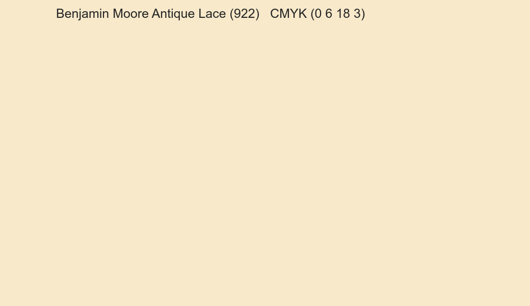 Color Benjamin Moore Antique Lace (922) to CMYK (0 6 18 3) converter Color Benjamin Moore Antique Lace (922) to CMYK (0 6 18 3) converter