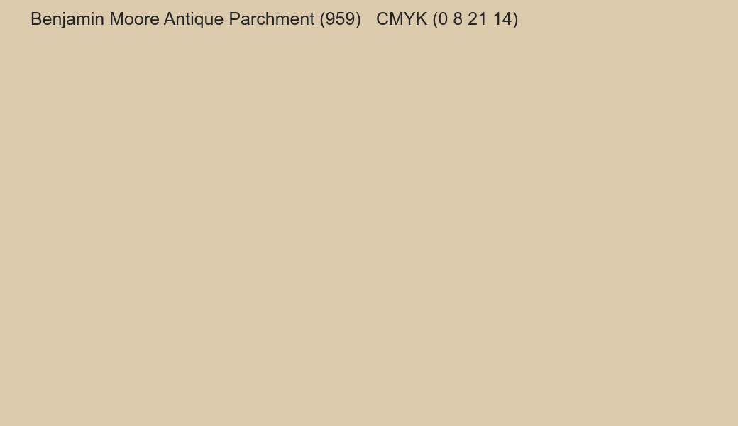 Color Benjamin Moore Antique Parchment (959) to CMYK (0 8 21 14) converter Color Benjamin Moore Antique Parchment (959) to CMYK (0 8 21 14) converter