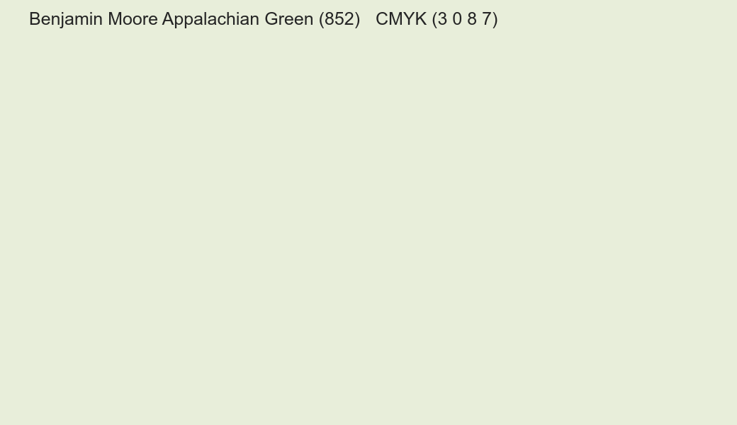 Color Benjamin Moore Appalachian Green (852) to CMYK (3 0 8 7) converter Color Benjamin Moore Appalachian Green (852) to CMYK (3 0 8 7) converter