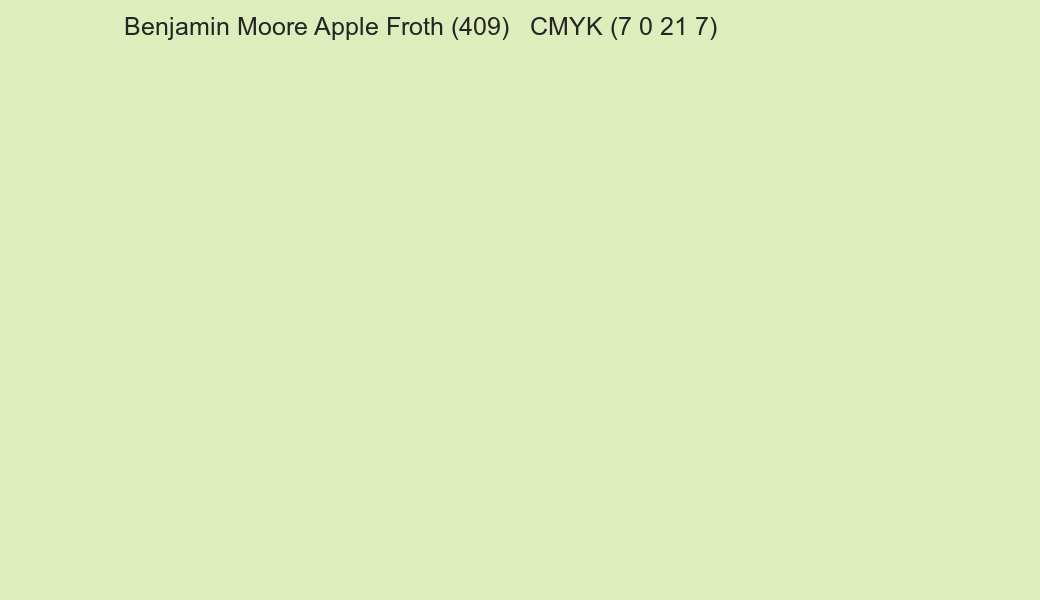 Color Benjamin Moore Apple Froth (409) to CMYK (7 0 21 7) converter Color Benjamin Moore Apple Froth (409) to CMYK (7 0 21 7) converter