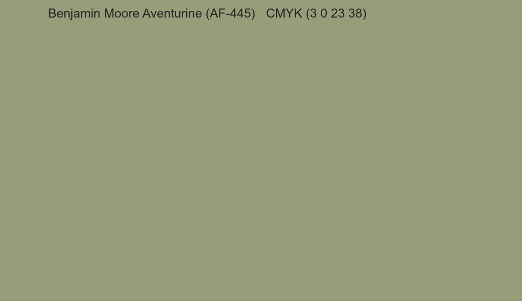 Color Benjamin Moore Aventurine (AF-445) to CMYK (3 0 23 38) converter Color Benjamin Moore Aventurine (AF-445) to CMYK (3 0 23 38) converter