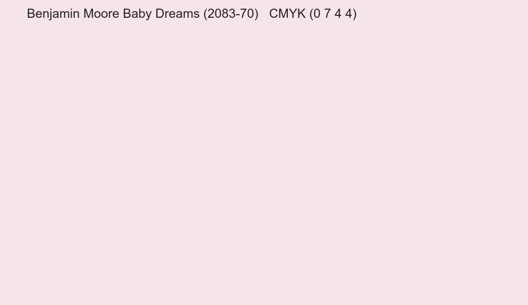 Color Benjamin Moore Baby Dreams (2083-70) to CMYK (0 7 4 4) converter Color Benjamin Moore Baby Dreams (2083-70) to CMYK (0 7 4 4) converter