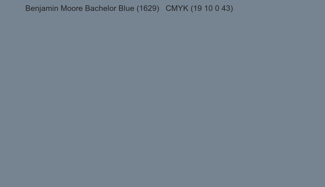 Color Benjamin Moore Bachelor Blue (1629) to CMYK (19 10 0 43) converter Color Benjamin Moore Bachelor Blue (1629) to CMYK (19 10 0 43) converter