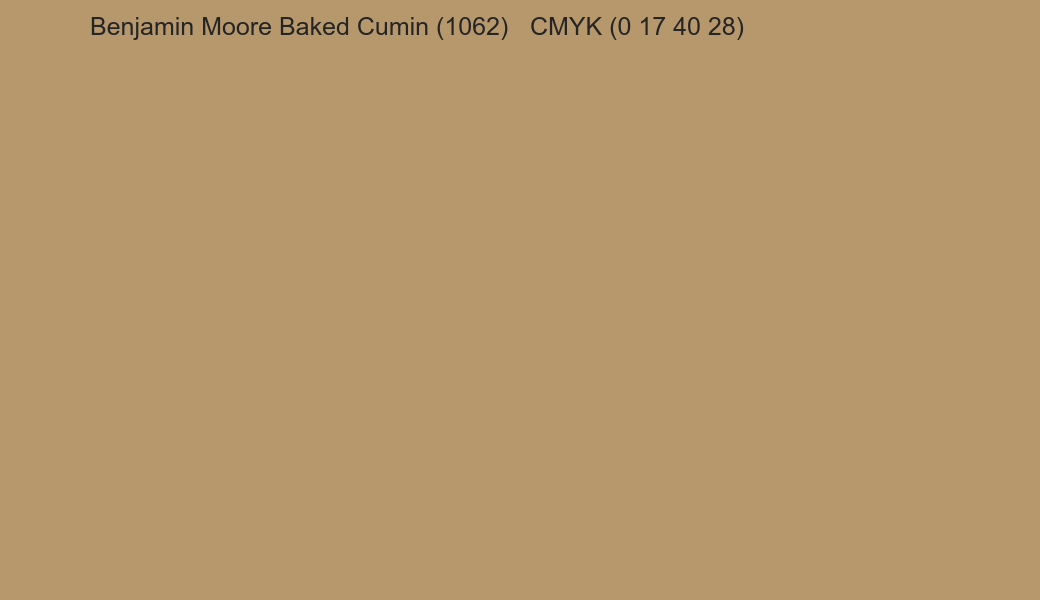 Color Benjamin Moore Baked Cumin (1062) to CMYK (0 17 40 28) converter Color Benjamin Moore Baked Cumin (1062) to CMYK (0 17 40 28) converter