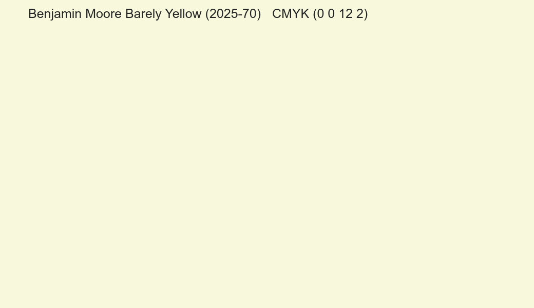 Color Benjamin Moore Barely Yellow (2025-70) to CMYK (0 0 12 2) converter Color Benjamin Moore Barely Yellow (2025-70) to CMYK (0 0 12 2) converter