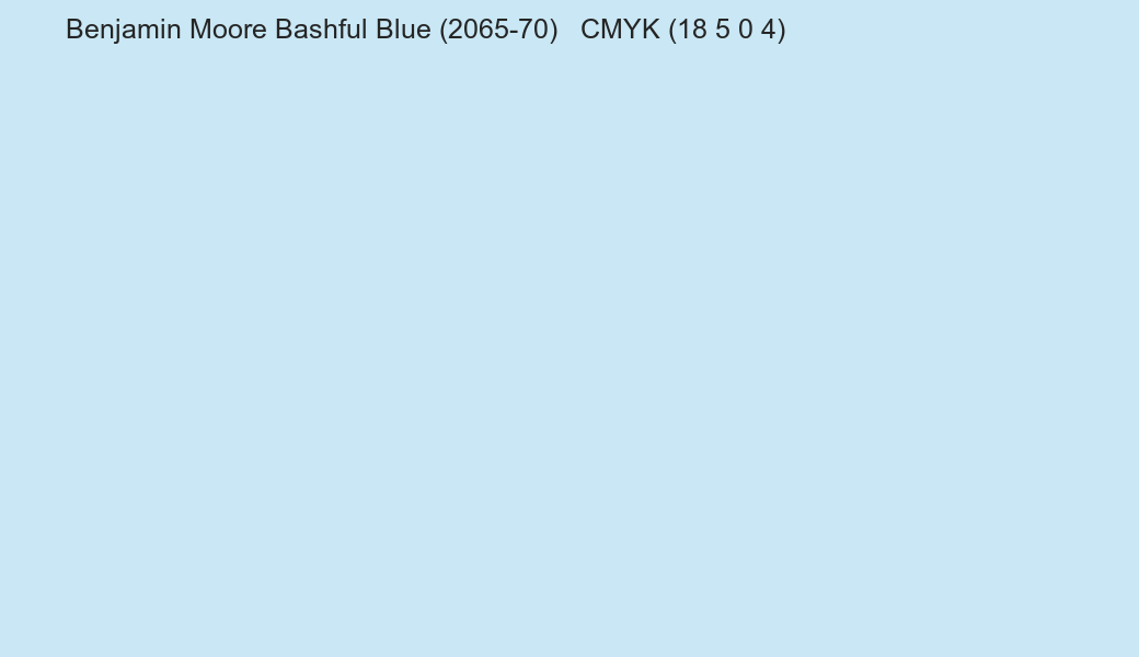 Color Benjamin Moore Bashful Blue (2065-70) to CMYK (18 5 0 4) converter Color Benjamin Moore Bashful Blue (2065-70) to CMYK (18 5 0 4) converter