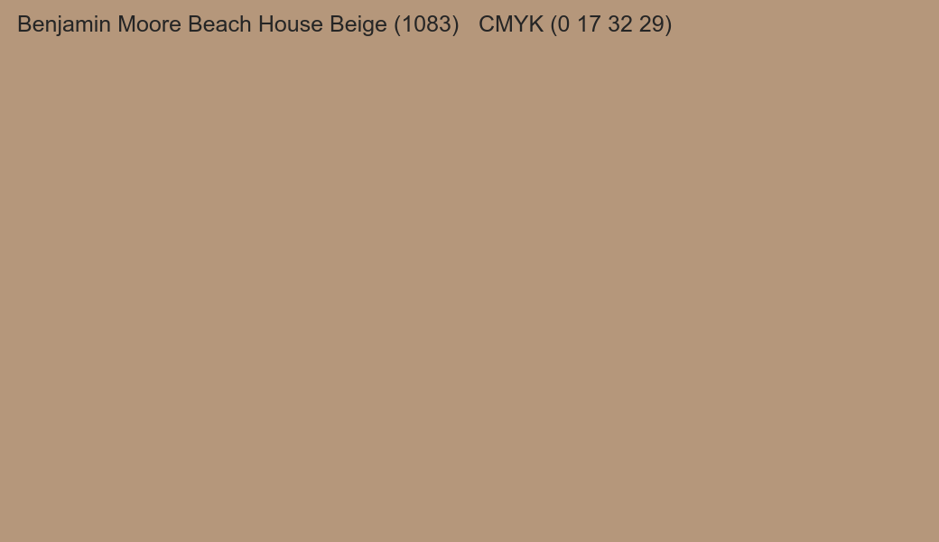 Color Benjamin Moore Beach House Beige (1083) to CMYK (0 17 32 29) converter Color Benjamin Moore Beach House Beige (1083) to CMYK (0 17 32 29) converter