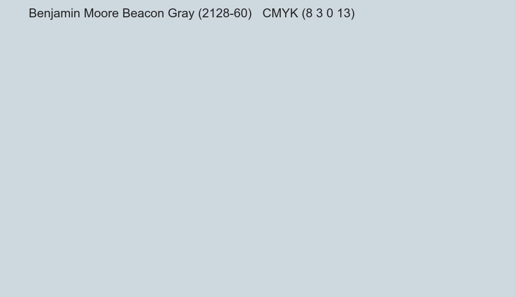 Color Benjamin Moore Beacon Gray (2128-60) to CMYK (8 3 0 13) converter Color Benjamin Moore Beacon Gray (2128-60) to CMYK (8 3 0 13) converter