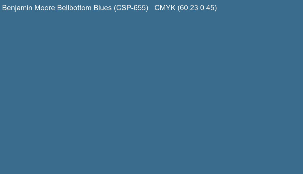 Color Benjamin Moore Bellbottom Blues (CSP-655) to CMYK (60 23 0 45) converter Color Benjamin Moore Bellbottom Blues (CSP-655) to CMYK (60 23 0 45) converter
