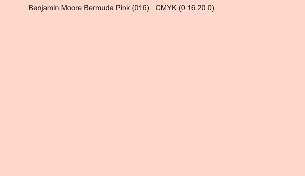 Color Benjamin Moore Bermuda Pink (016) to CMYK (0 16 20 0) converter Color Benjamin Moore Bermuda Pink (016) to CMYK (0 16 20 0) converter