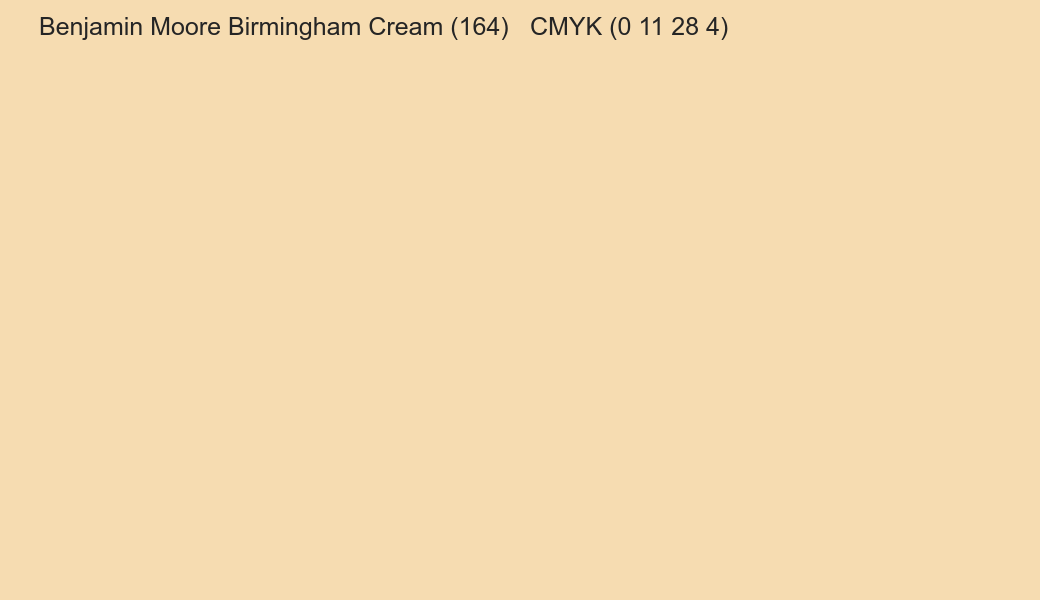 Color Benjamin Moore Birmingham Cream (164) to CMYK (0 11 28 4) converter Color Benjamin Moore Birmingham Cream (164) to CMYK (0 11 28 4) converter