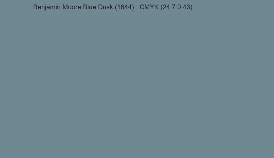 Color Benjamin Moore Blue Dusk (1644) to CMYK (24 7 0 43) converter Color Benjamin Moore Blue Dusk (1644) to CMYK (24 7 0 43) converter
