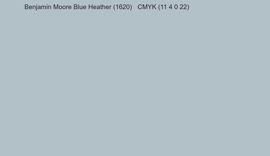 Color Benjamin Moore Blue Heather (1620) to CMYK (11 4 0 22) converter Color Benjamin Moore Blue Heather (1620) to CMYK (11 4 0 22) converter