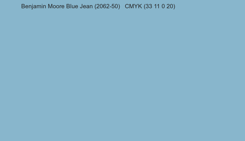 Color Benjamin Moore Blue Jean (2062-50) to CMYK (33 11 0 20) converter Color Benjamin Moore Blue Jean (2062-50) to CMYK (33 11 0 20) converter