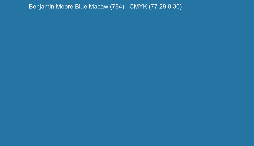 Color Benjamin Moore Blue Macaw (784) to CMYK (77 29 0 36) converter Color Benjamin Moore Blue Macaw (784) to CMYK (77 29 0 36) converter