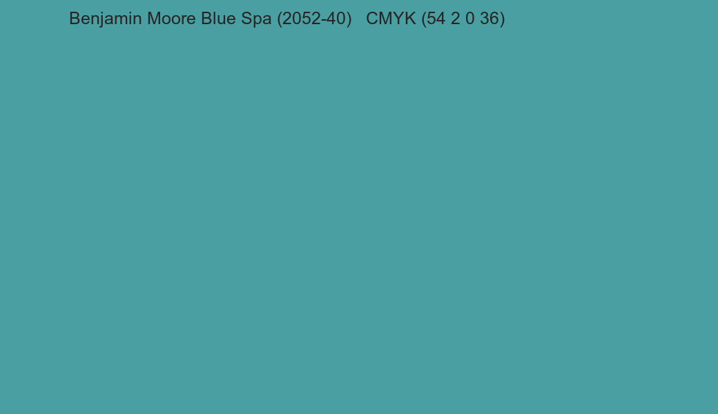 Color Benjamin Moore Blue Spa (2052-40) to CMYK (54 2 0 36) converter Color Benjamin Moore Blue Spa (2052-40) to CMYK (54 2 0 36) converter