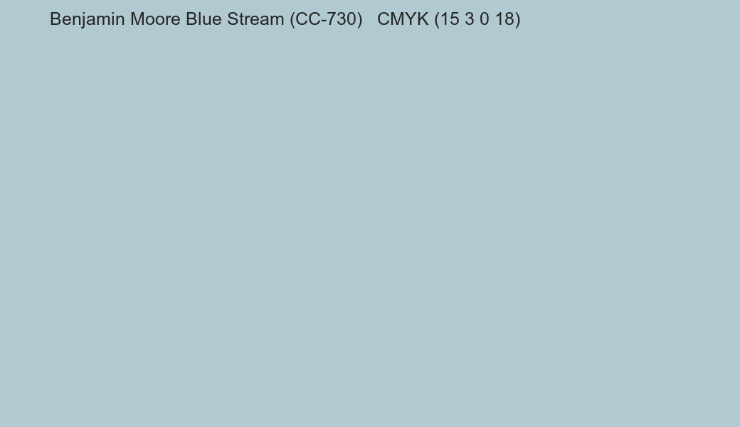 Color Benjamin Moore Blue Stream (CC-730) to CMYK (15 3 0 18) converter Color Benjamin Moore Blue Stream (CC-730) to CMYK (15 3 0 18) converter