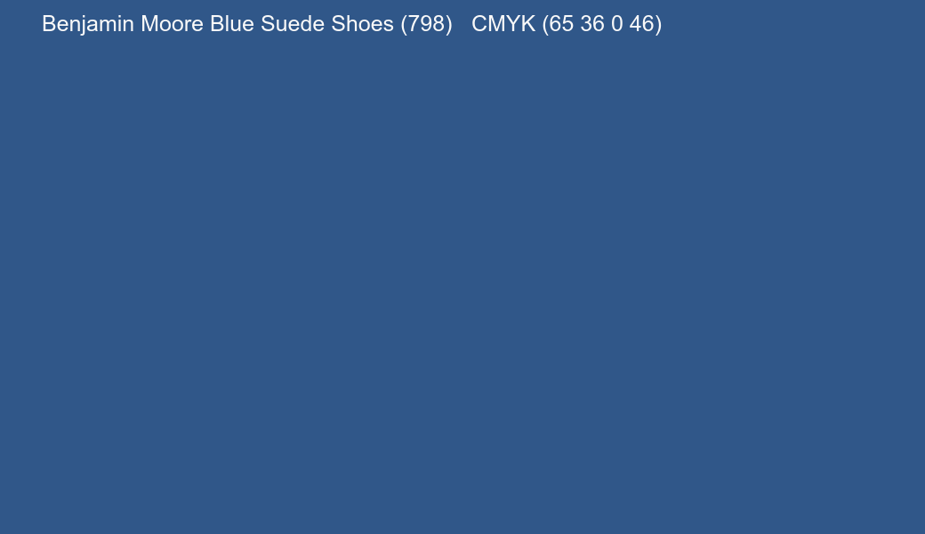Color Benjamin Moore Blue Suede Shoes (798) to CMYK (65 36 0 46) converter Color Benjamin Moore Blue Suede Shoes (798) to CMYK (65 36 0 46) converter