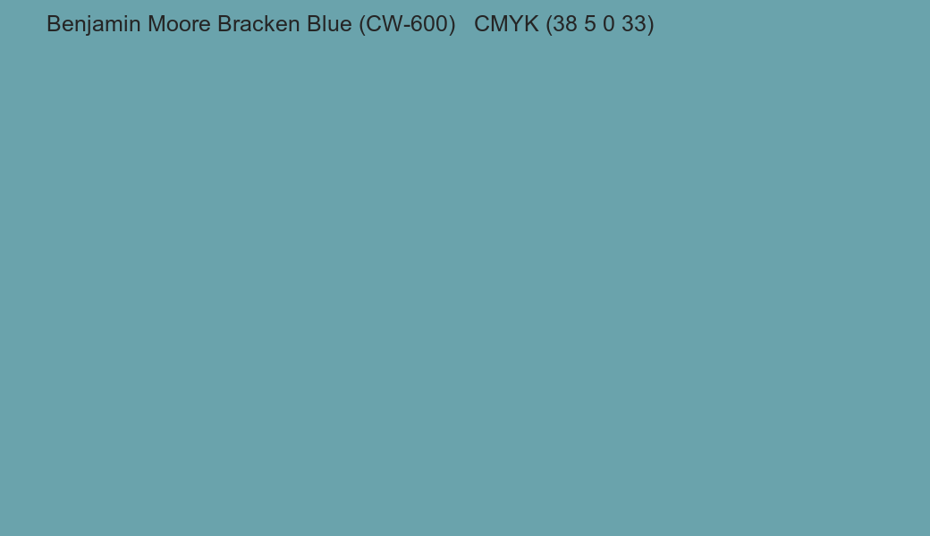 Color Benjamin Moore Bracken Blue (CW-600) to CMYK (38 5 0 33) converter Color Benjamin Moore Bracken Blue (CW-600) to CMYK (38 5 0 33) converter
