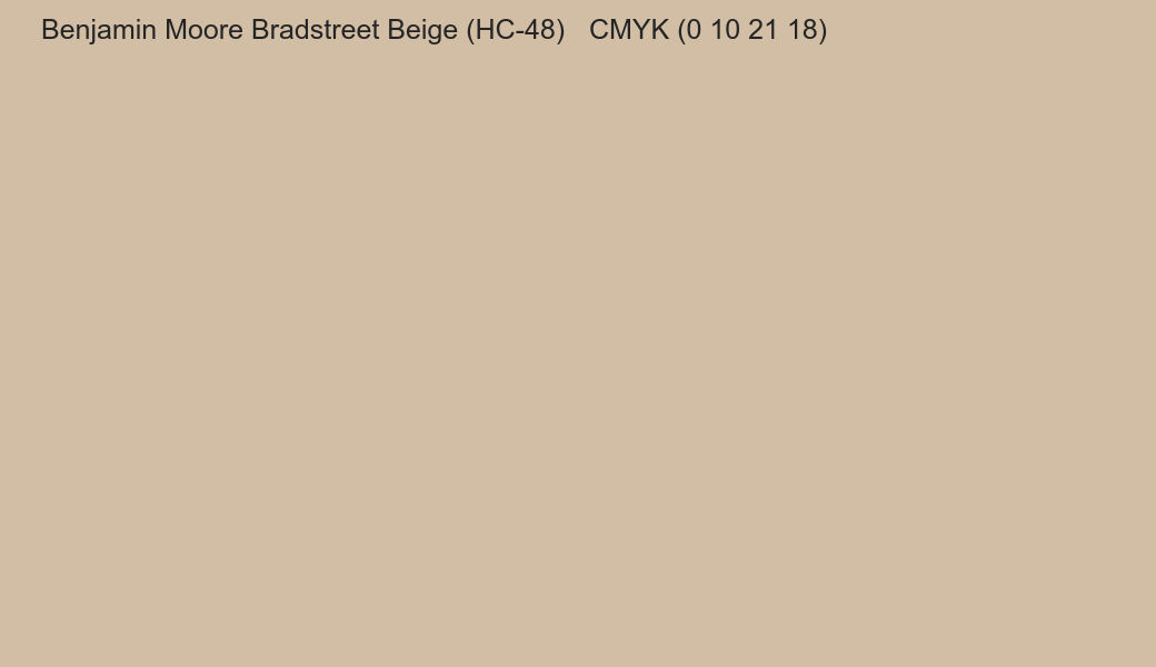 Color Benjamin Moore Bradstreet Beige (HC-48) to CMYK (0 10 21 18) converter Color Benjamin Moore Bradstreet Beige (HC-48) to CMYK (0 10 21 18) converter