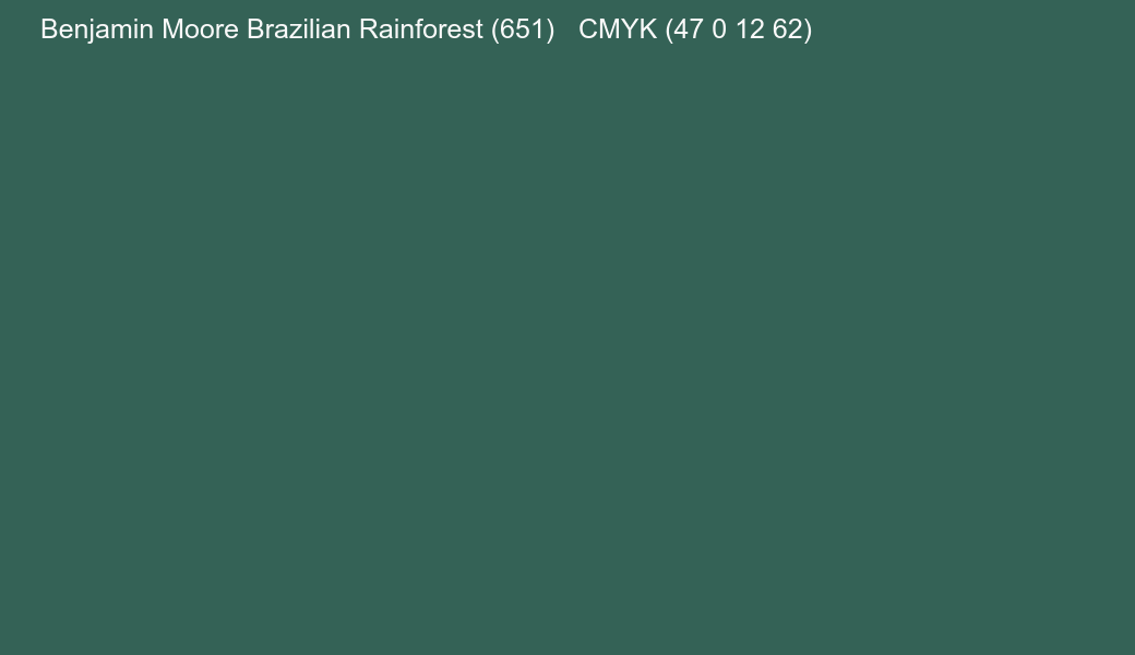Color Benjamin Moore Brazilian Rainforest (651) to CMYK (47 0 12 62) converter Color Benjamin Moore Brazilian Rainforest (651) to CMYK (47 0 12 62) converter