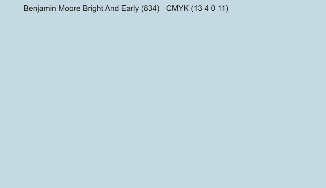 Color Benjamin Moore Bright And Early (834) to CMYK (13 4 0 11) converter Color Benjamin Moore Bright And Early (834) to CMYK (13 4 0 11) converter