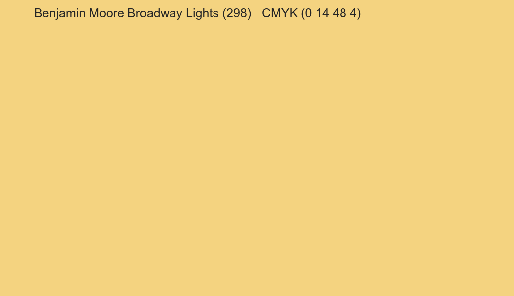 Color Benjamin Moore Broadway Lights (298) to CMYK (0 14 48 4) converter Color Benjamin Moore Broadway Lights (298) to CMYK (0 14 48 4) converter