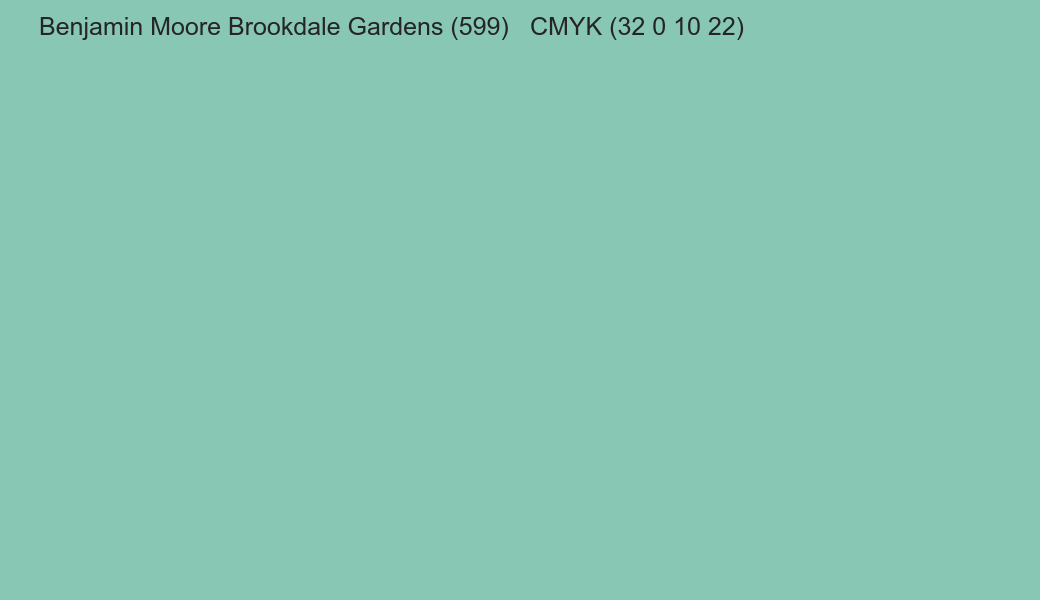 Color Benjamin Moore Brookdale Gardens (599) to CMYK (32 0 10 22) converter Color Benjamin Moore Brookdale Gardens (599) to CMYK (32 0 10 22) converter