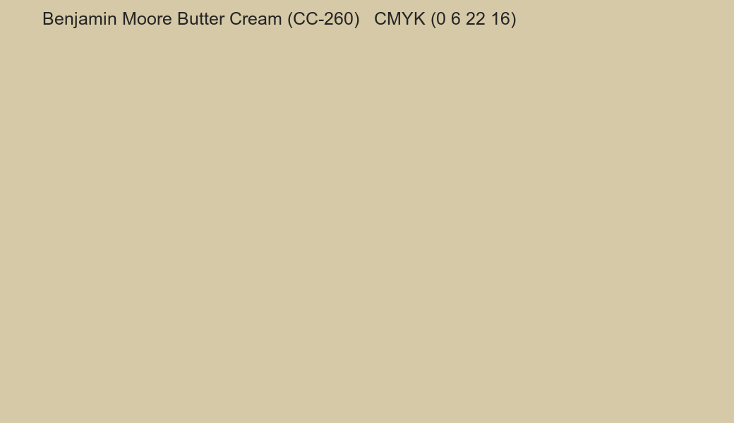 Color Benjamin Moore Butter Cream (CC-260) to CMYK (0 6 22 16) converter Color Benjamin Moore Butter Cream (CC-260) to CMYK (0 6 22 16) converter
