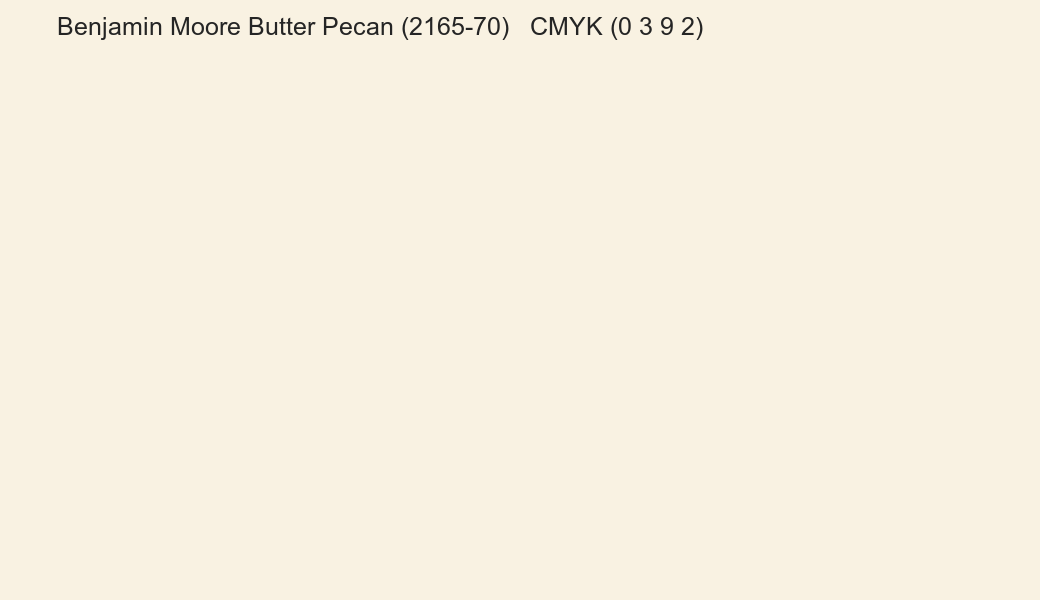 Color Benjamin Moore Butter Pecan (2165-70) to CMYK (0 3 9 2) converter Color Benjamin Moore Butter Pecan (2165-70) to CMYK (0 3 9 2) converter