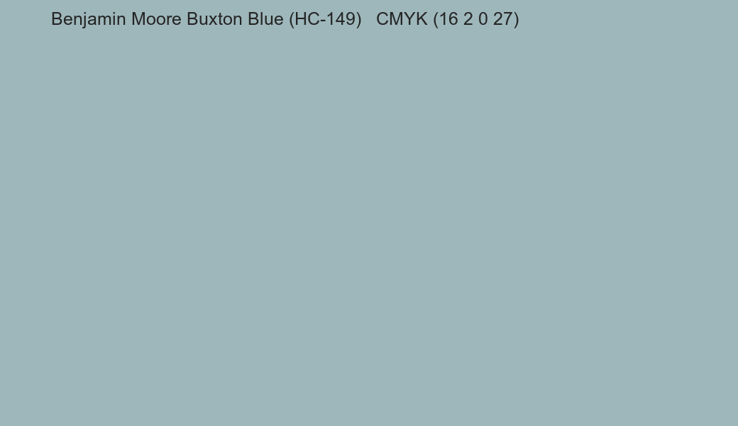 Color Benjamin Moore Buxton Blue (HC-149) to CMYK (16 2 0 27) converter Color Benjamin Moore Buxton Blue (HC-149) to CMYK (16 2 0 27) converter