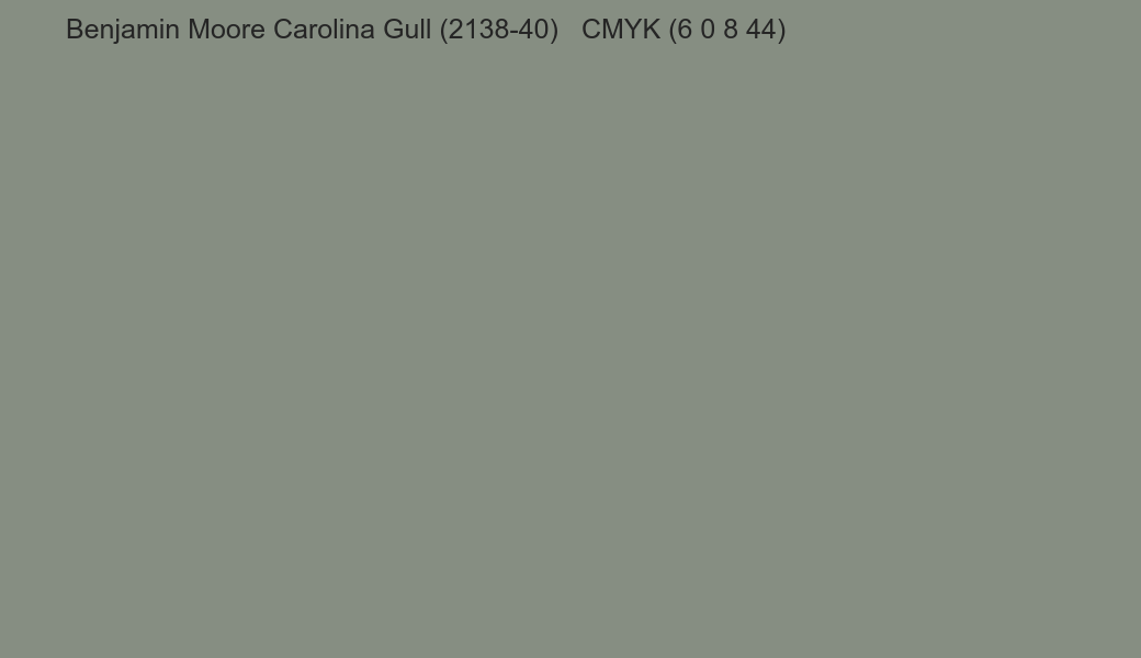 Color Benjamin Moore Carolina Gull (2138-40) to CMYK (6 0 8 44) converter Color Benjamin Moore Carolina Gull (2138-40) to CMYK (6 0 8 44) converter