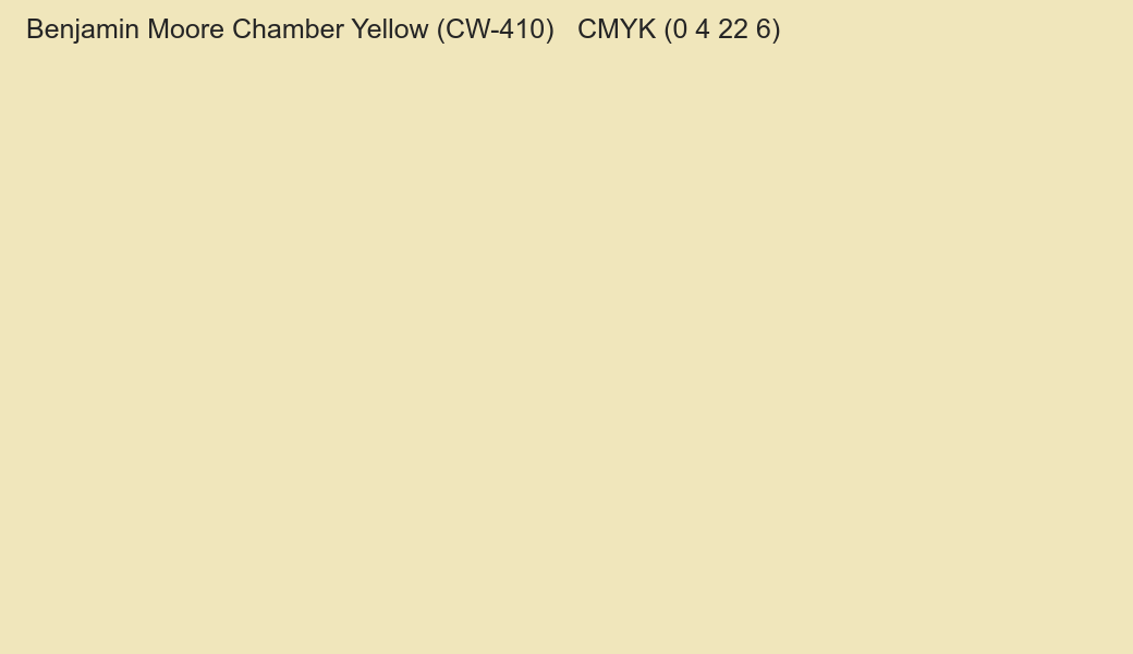 Color Benjamin Moore Chamber Yellow (CW-410) to CMYK (0 4 22 6) converter Color Benjamin Moore Chamber Yellow (CW-410) to CMYK (0 4 22 6) converter