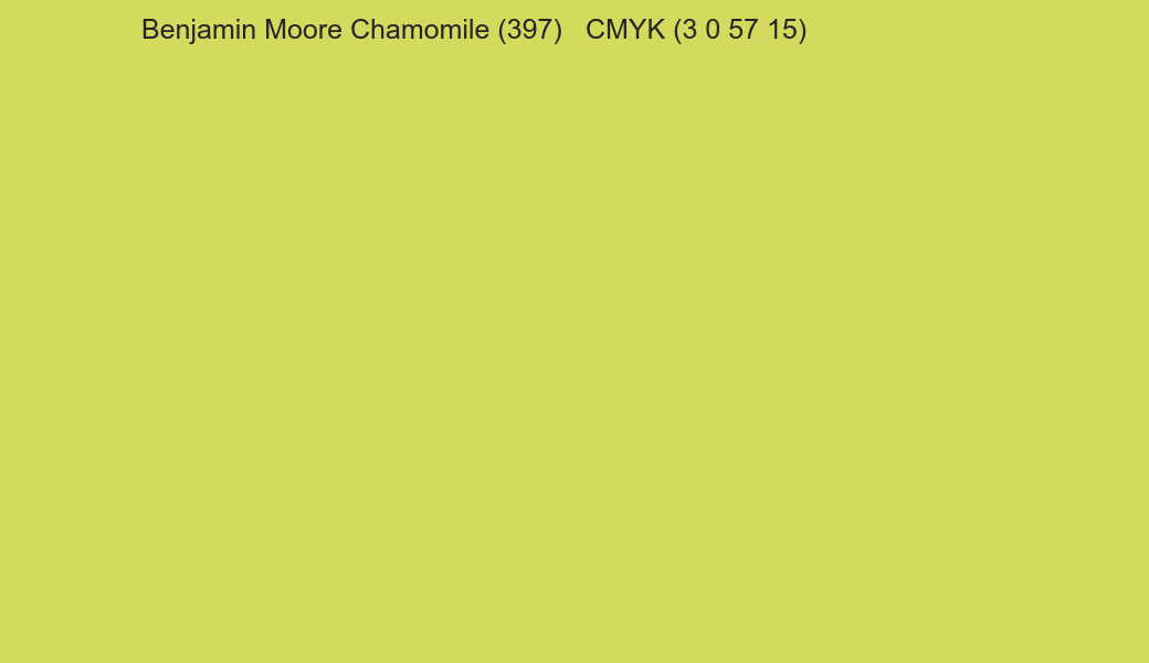 Color Benjamin Moore Chamomile (397) to CMYK (3 0 57 15) converter Color Benjamin Moore Chamomile (397) to CMYK (3 0 57 15) converter
