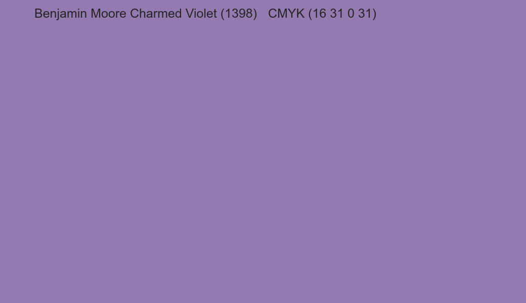 Color Benjamin Moore Charmed Violet (1398) to CMYK (16 31 0 31) converter Color Benjamin Moore Charmed Violet (1398) to CMYK (16 31 0 31) converter