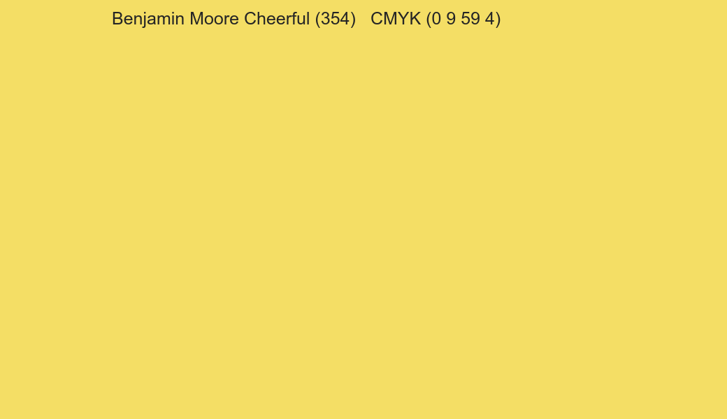 Color Benjamin Moore Cheerful (354) to CMYK (0 9 59 4) converter Color Benjamin Moore Cheerful (354) to CMYK (0 9 59 4) converter