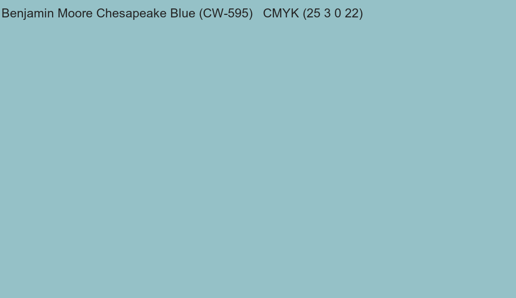 Color Benjamin Moore Chesapeake Blue (CW-595) to CMYK (25 3 0 22) converter Color Benjamin Moore Chesapeake Blue (CW-595) to CMYK (25 3 0 22) converter