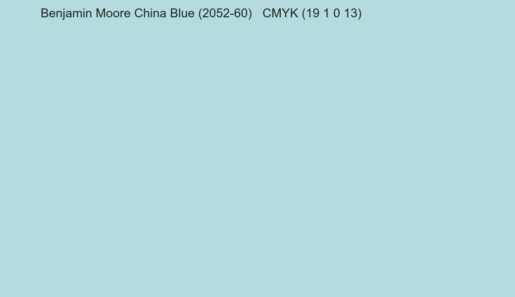Color Benjamin Moore China Blue (2052-60) to CMYK (19 1 0 13) converter Color Benjamin Moore China Blue (2052-60) to CMYK (19 1 0 13) converter