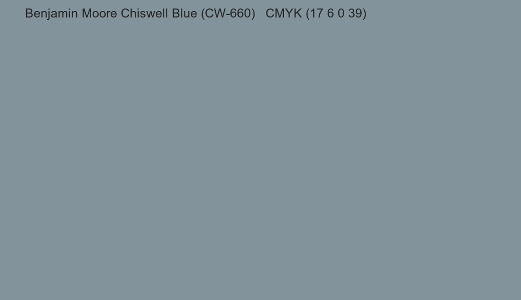 Color Benjamin Moore Chiswell Blue (CW-660) to CMYK (17 6 0 39) converter Color Benjamin Moore Chiswell Blue (CW-660) to CMYK (17 6 0 39) converter