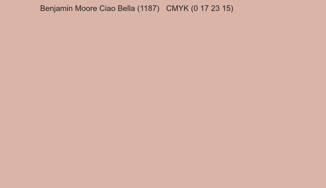 Color Benjamin Moore Ciao Bella (1187) to CMYK (0 17 23 15) converter Color Benjamin Moore Ciao Bella (1187) to CMYK (0 17 23 15) converter